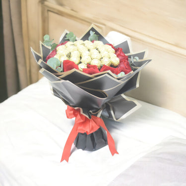 Bouquet, Red Roses, Eucalyptus, Ferrero Rocher Delight, Elegant Gift, Indulgence